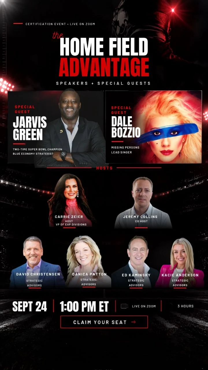 The Home Field Advantage event poster: special guests Jarvis Green and Dale Bozzio, hosts Carrie Zeier and Jeremy Collins, September 24 at 1:00 PM ET on Zoom